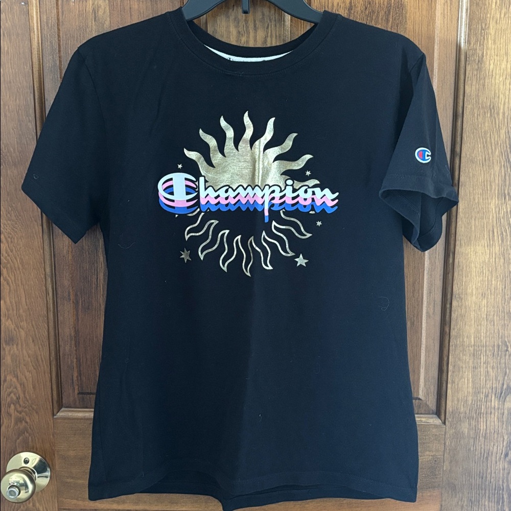 Champion Black Tee with Gold Sun Graphic